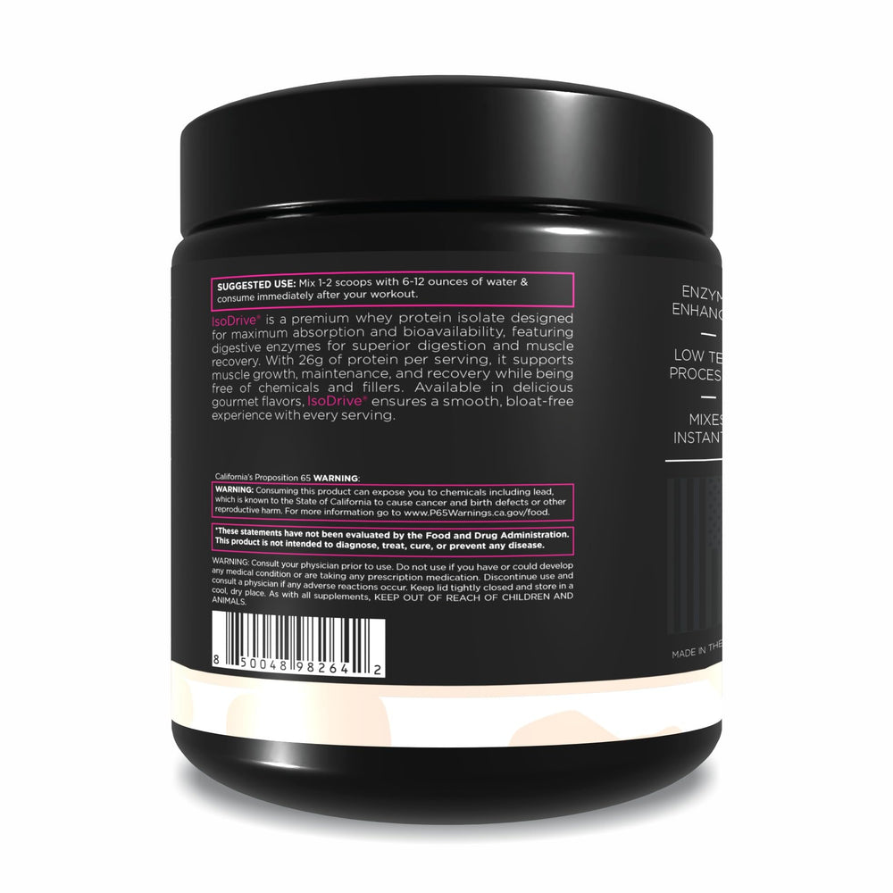 ISODRIVE nutrition facts panel highlights 24 g protein per scoop.