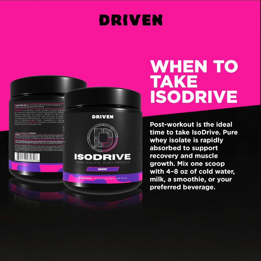 ISODRIVE Berry label on bottle emphasizing lactose-free formula.