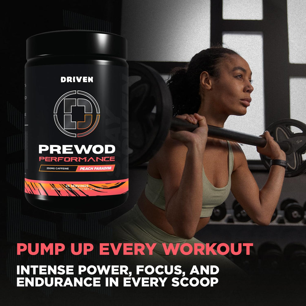 Driven Nutrition PRE WOD Peach Paradise stirred in water for lasting endurance.