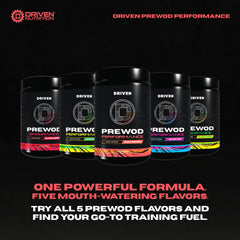 Driven Nutrition PRE WOD powder showing transparent label and clear ingredients.