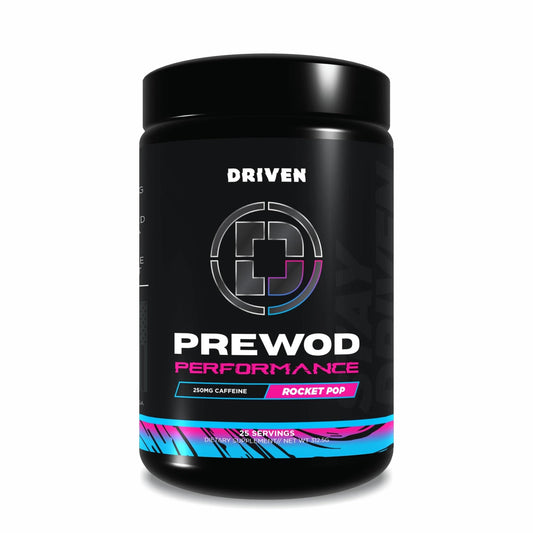 Driven Nutrition PRE WOD Rocket Pop tub highlighting explosive energy for tough WODs.