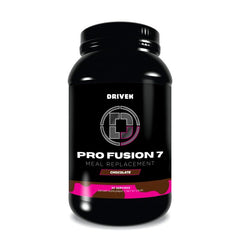 Driven Nutrition ProFusion7 chocolate shake pour demonstrating meal replacement convenience.