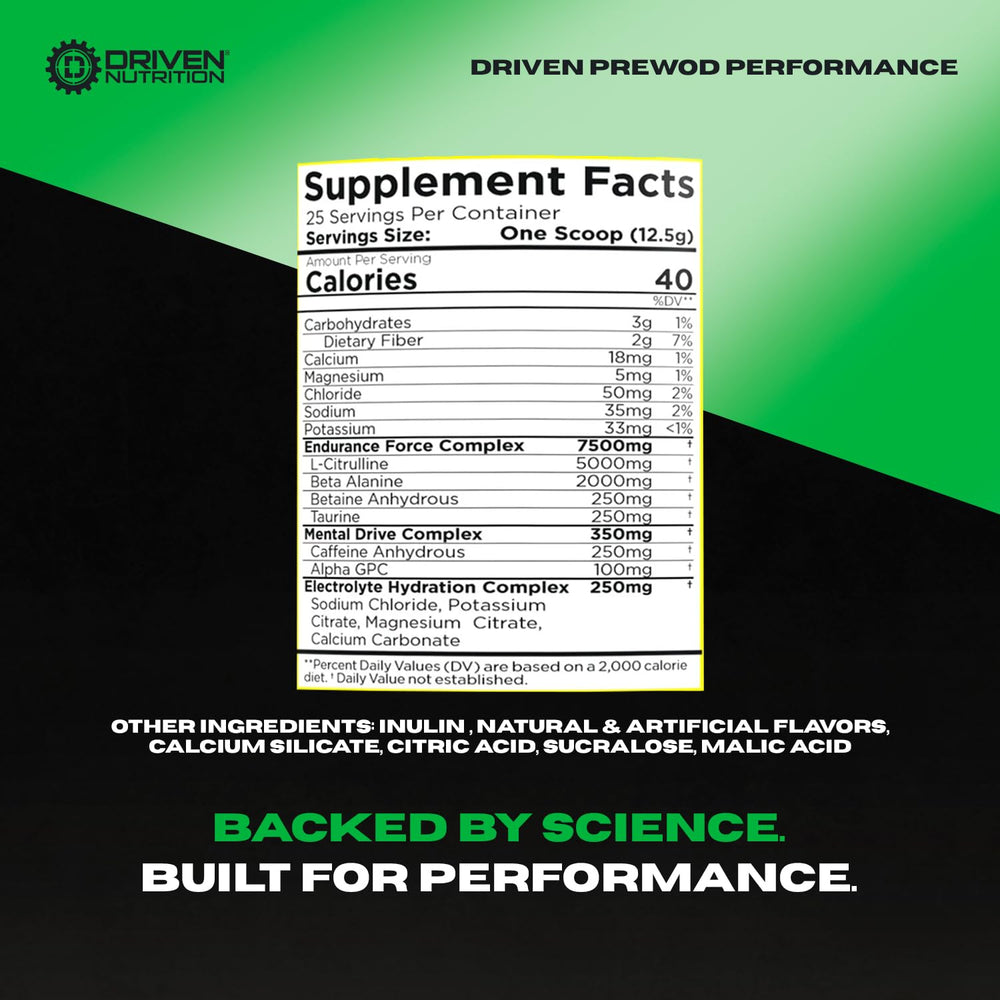 Driven Nutrition Pre WOD Blazin Cherry tub features clean energy and focus.