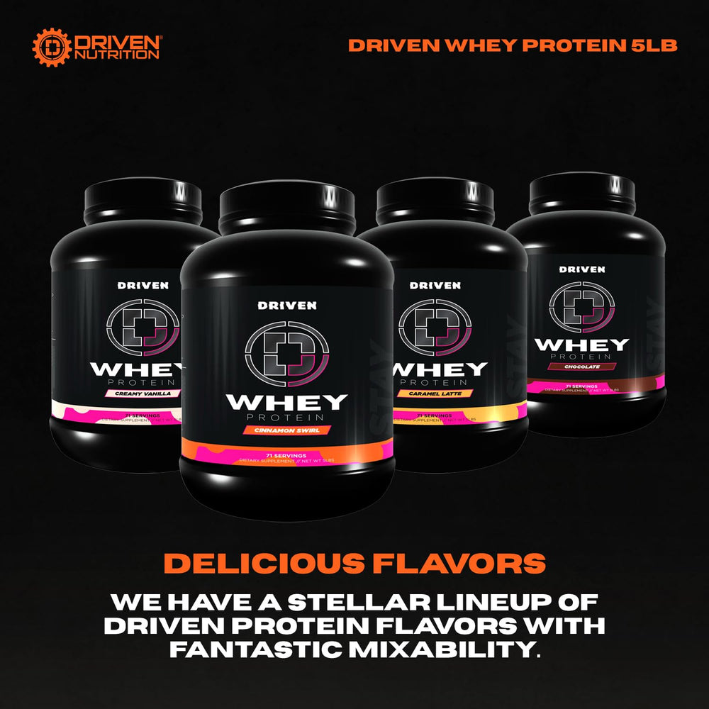 Driven WHEY label highlights added BCAAs and complete amino acid profile.