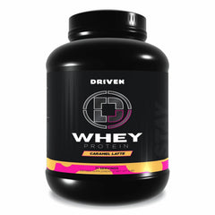 Driven Whey caramel latte powder container highlighting high-protein formula for post-workout recovery.
