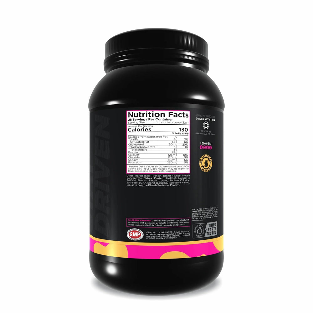 Driven WHEY bottle pouring into a glass for a smooth shake experience
