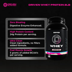 Driven WHEY ingredients label close-up highlighting BCAAs and enzymes.