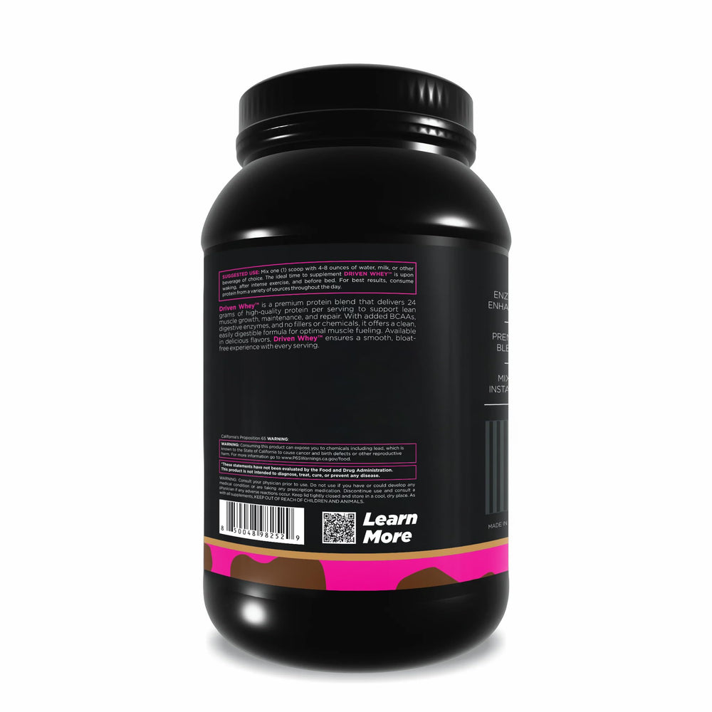Driven WHEY label closeup highlights protein quality and BCAAs.