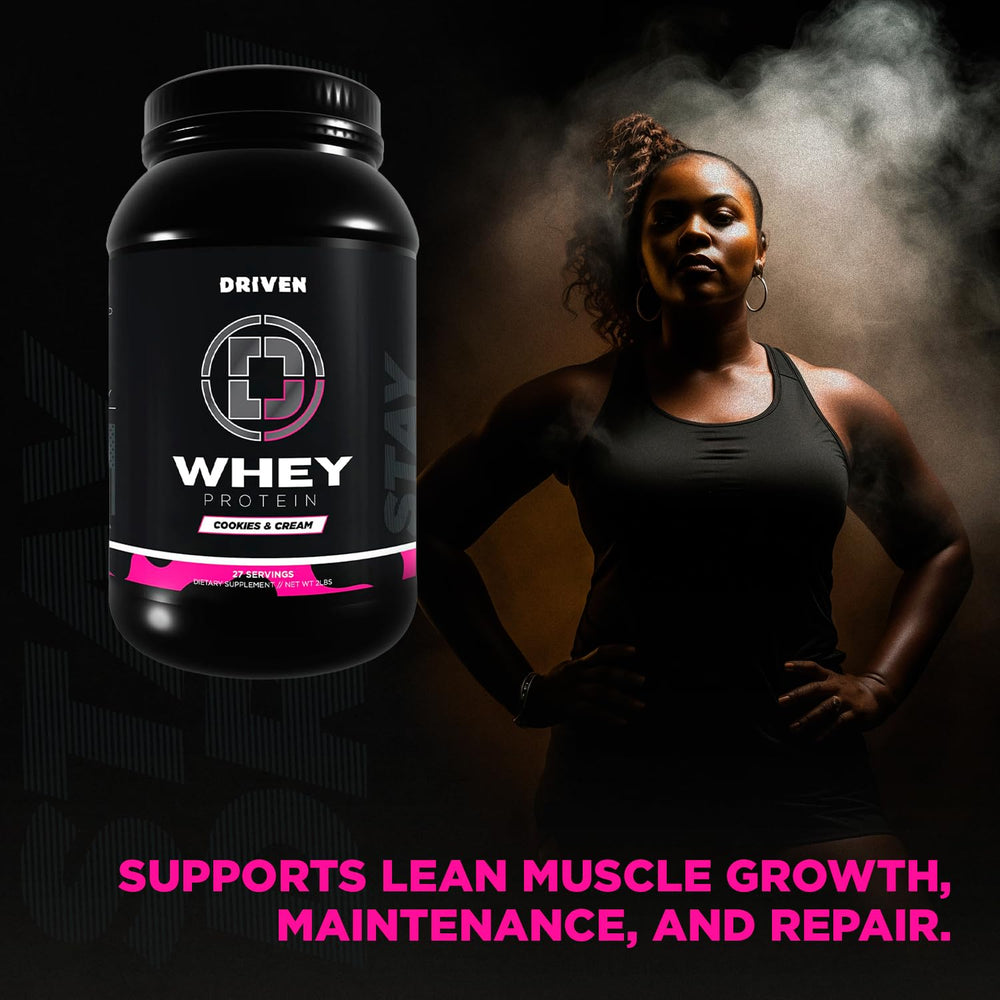 Driven WHEY post-workout shake in a glass ready for recovery.