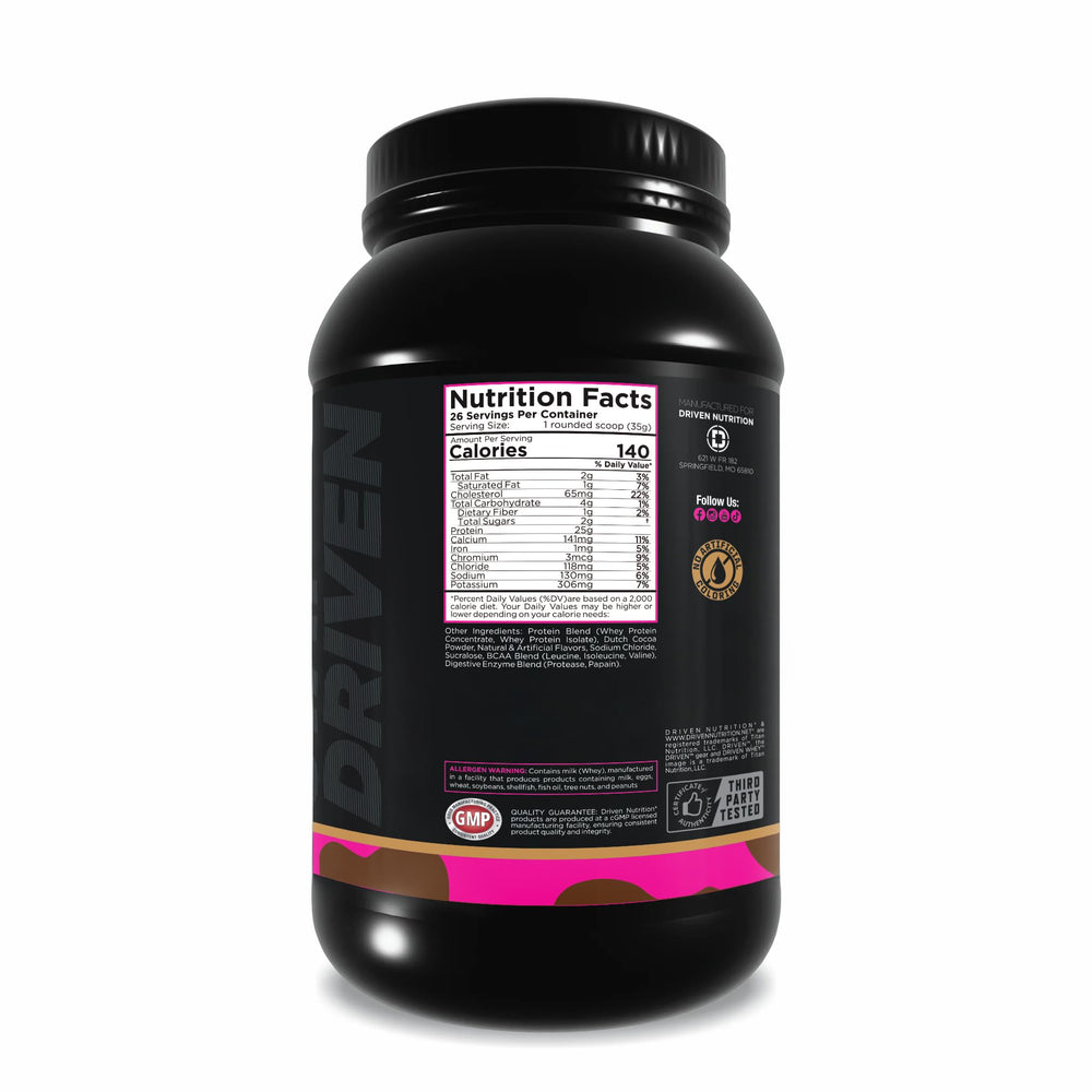 Driven WHEY shake pouring into glass, convenient protein boost after training.
