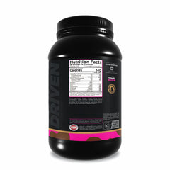 Driven WHEY shake pouring into glass, convenient protein boost after training.