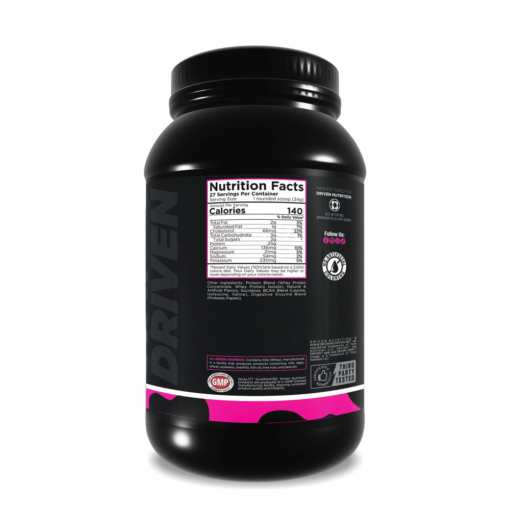 Driven WHEY tub beside glass and spoon, convenient daily protein option.