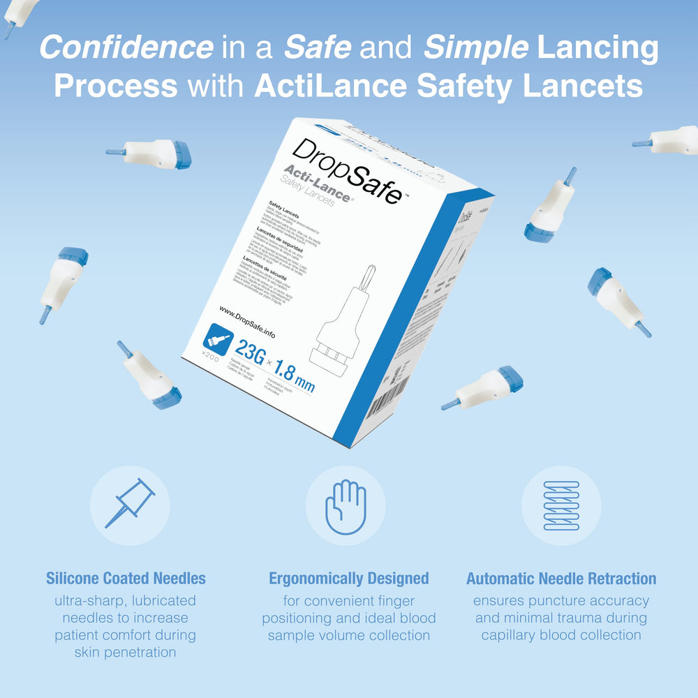 Dropsafe Acti-Lance 23G needle with 1.8 mm depth for reliable sampling.