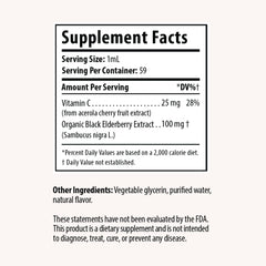 DRP Elderberry Drops ingredients panel highlighting natural elderberry and vitamin C.