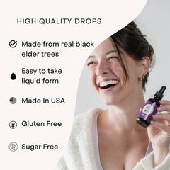 DRP Elderberry Drops two-month supply packaging shown.