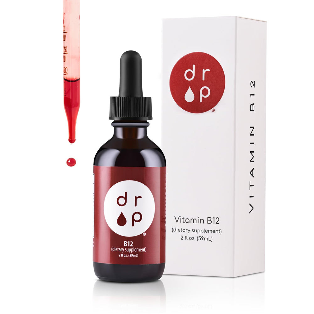 DRP Vitamin B12 liquid drops bottle close-up, energy support.