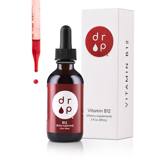 DRP Vitamin B12 liquid drops bottle close-up, energy support.