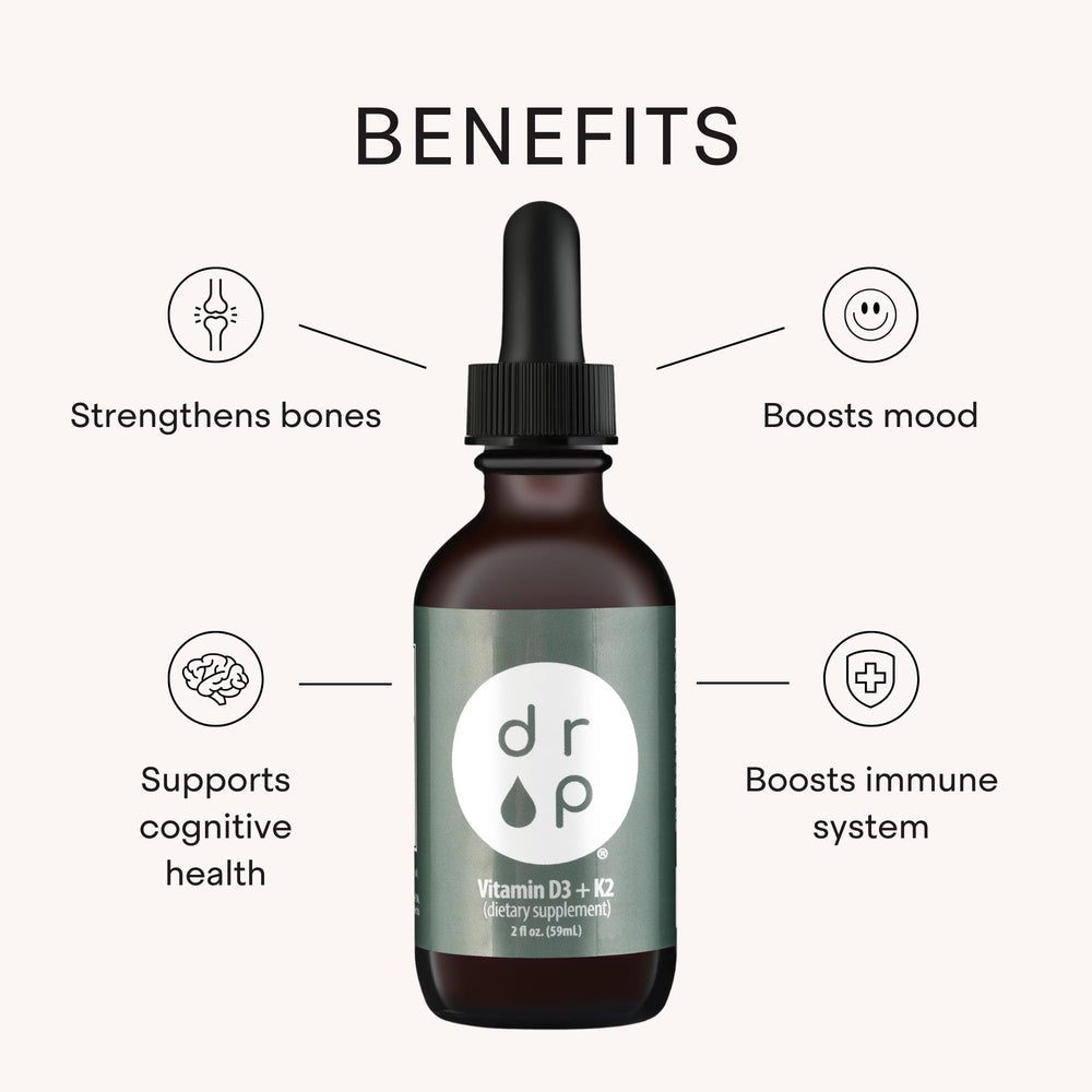 DRP Vitamin D3 + K2 drops amber bottle highlighting natural vitamin delivery.