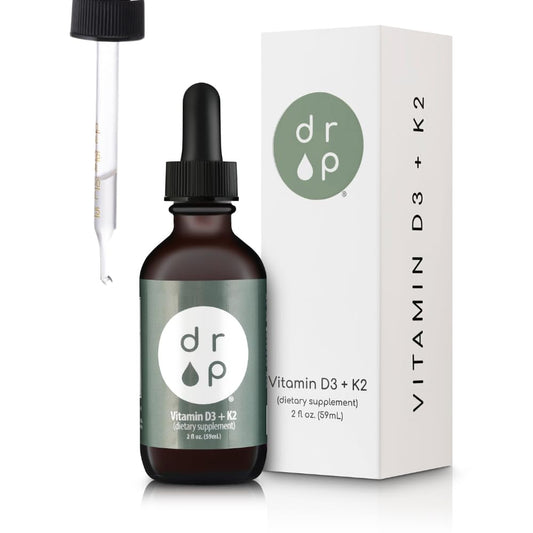 DRP Vitamin D3 + K2 drops bottle with clear label for daily bone support.