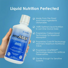 Drucker Labs intraMAX glass with liquid emphasizes Peach Mango flavor for enjoyable daily supplementation.