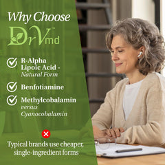 DrVmd Nerve Control ingredients with Benfotiamine and NAC.