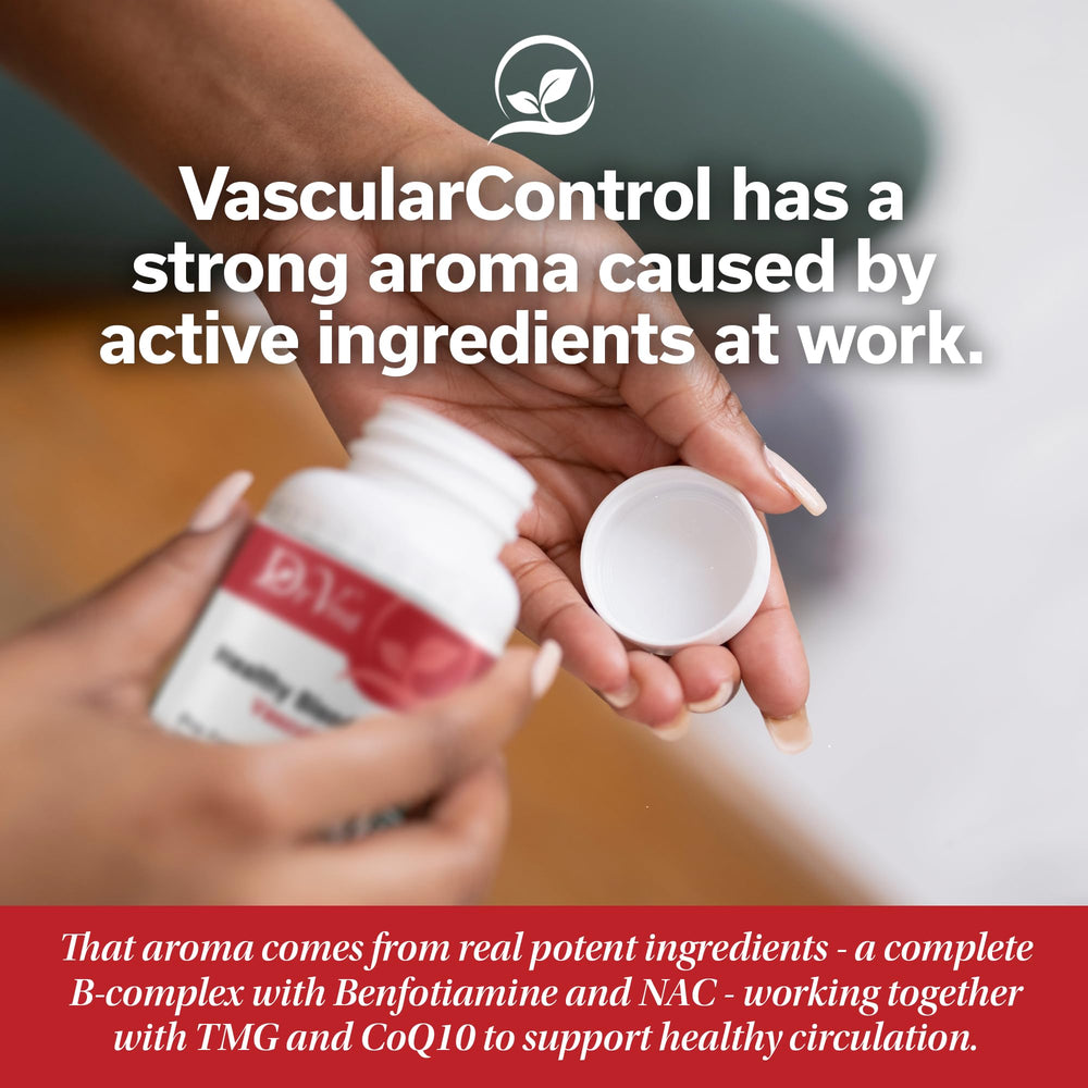 DrVmd Vascular Control daily dose shown with hands holding bottle.