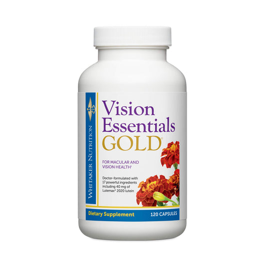 DR.WHITAKER Vision Essentials Gold bottle label highlighting lutein and zeaxanthin for eye health