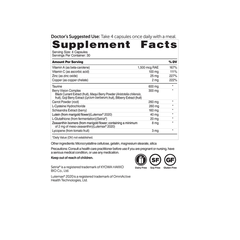 Close-up of ingredients panel showing Lutemax lutein and zeaxanthin isomers for eye wellness