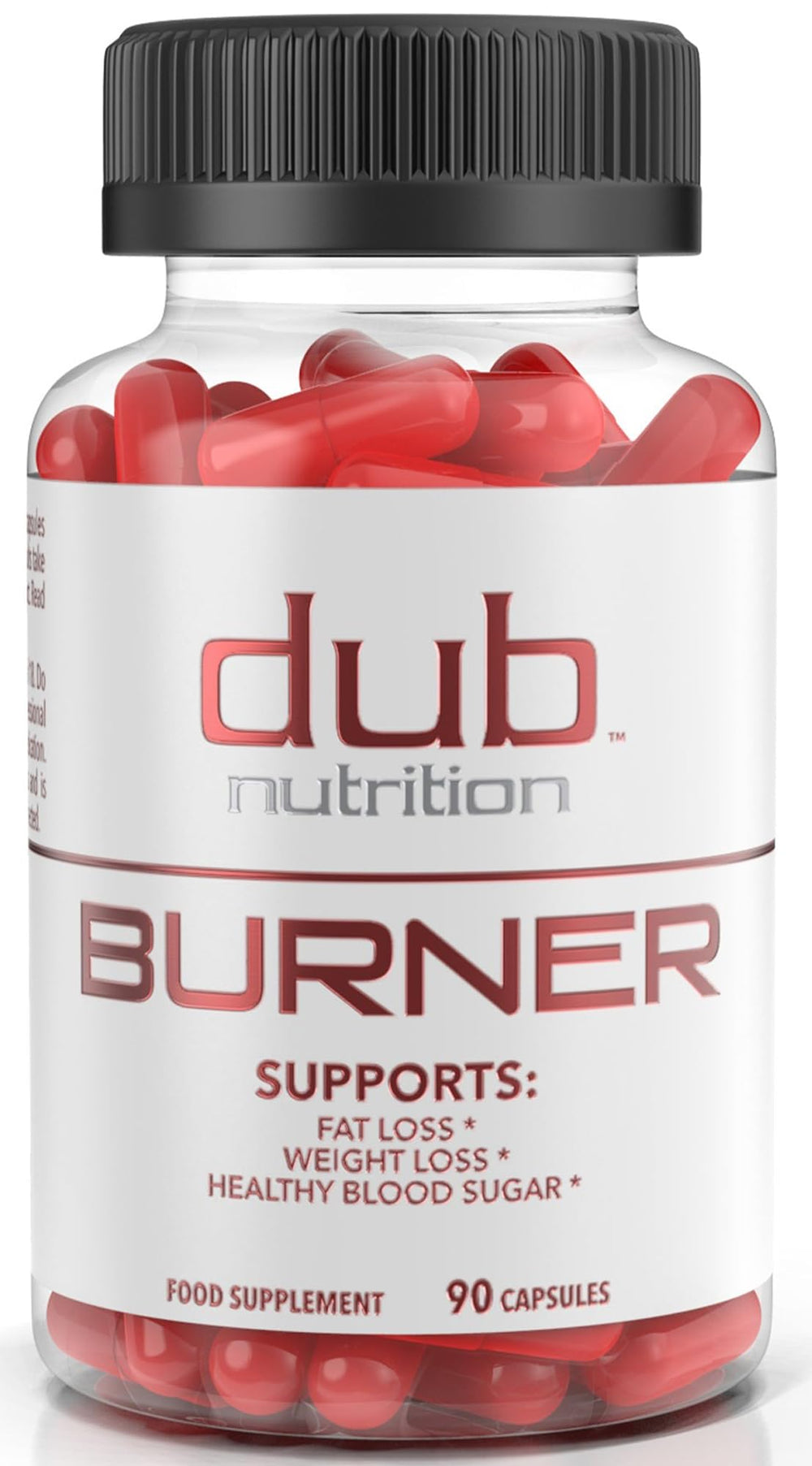 Dub Nutrition Burner bottle front with clear label for vitality support
