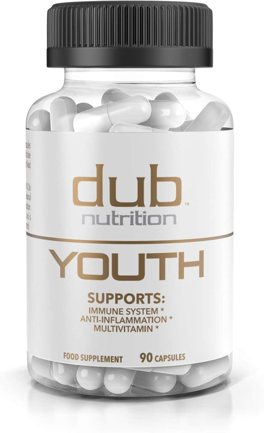 Dub Nutrition Youth bottle showing Acai and Resveratrol blend for daily immune and vitality support.