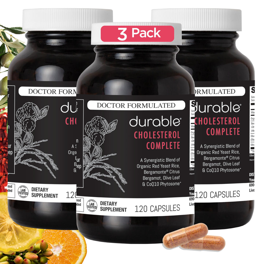 Durable Cholesterol Complete bottle front showing packaging for daily heart health support