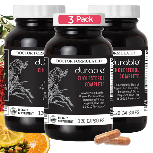 Durable Cholesterol Complete bottle front showing packaging for daily heart health support