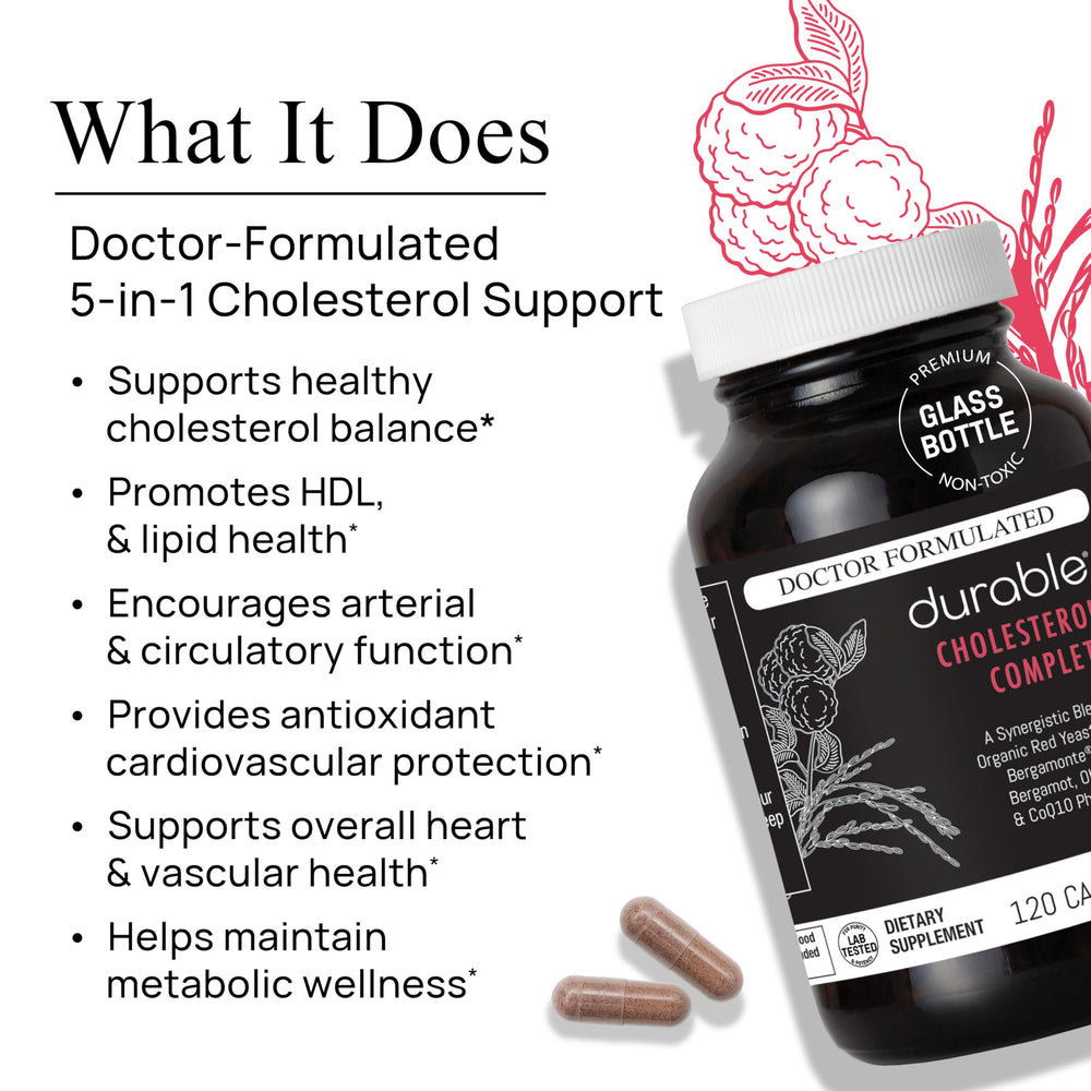 Durable Cholesterol Complete capsules in hand for easy daily use