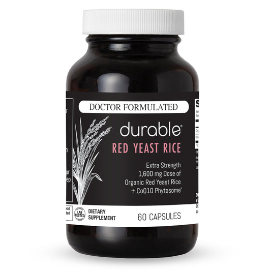 Durable RED Yeast Rice bottle shows a 1,600 mg dose for daily heart health support