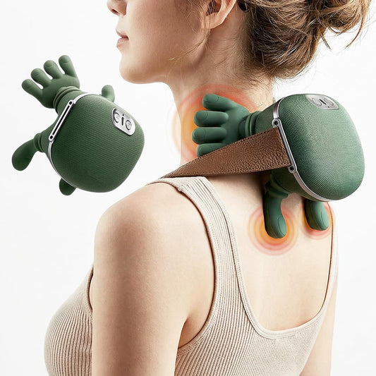 DUUOO bionic hand neck massager close-up shows real kneading fingers for neck tension relief.