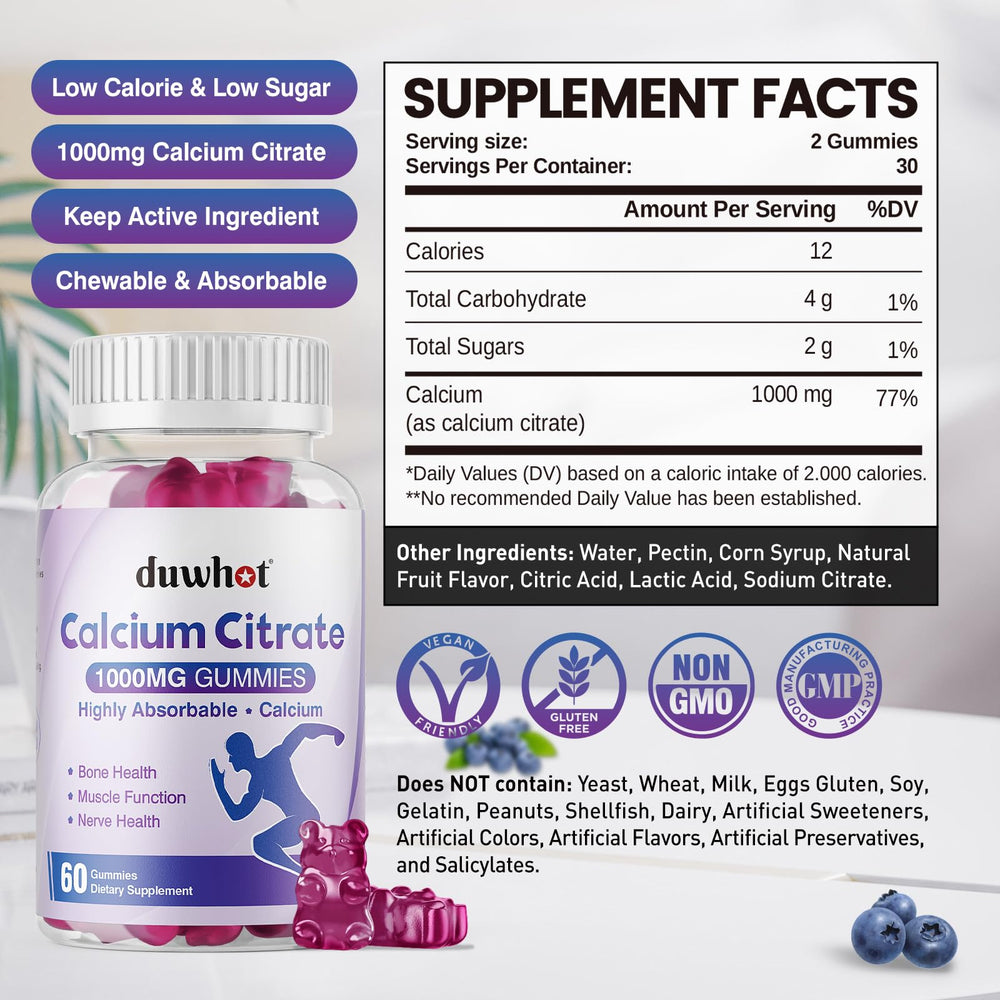 Duwhot Calcium Citrate Gummies bottle open shows convenient daily blueberry chews
