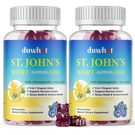 duwhot st-johns-wort-gummies bottle shows 600 mg formula for stress support
