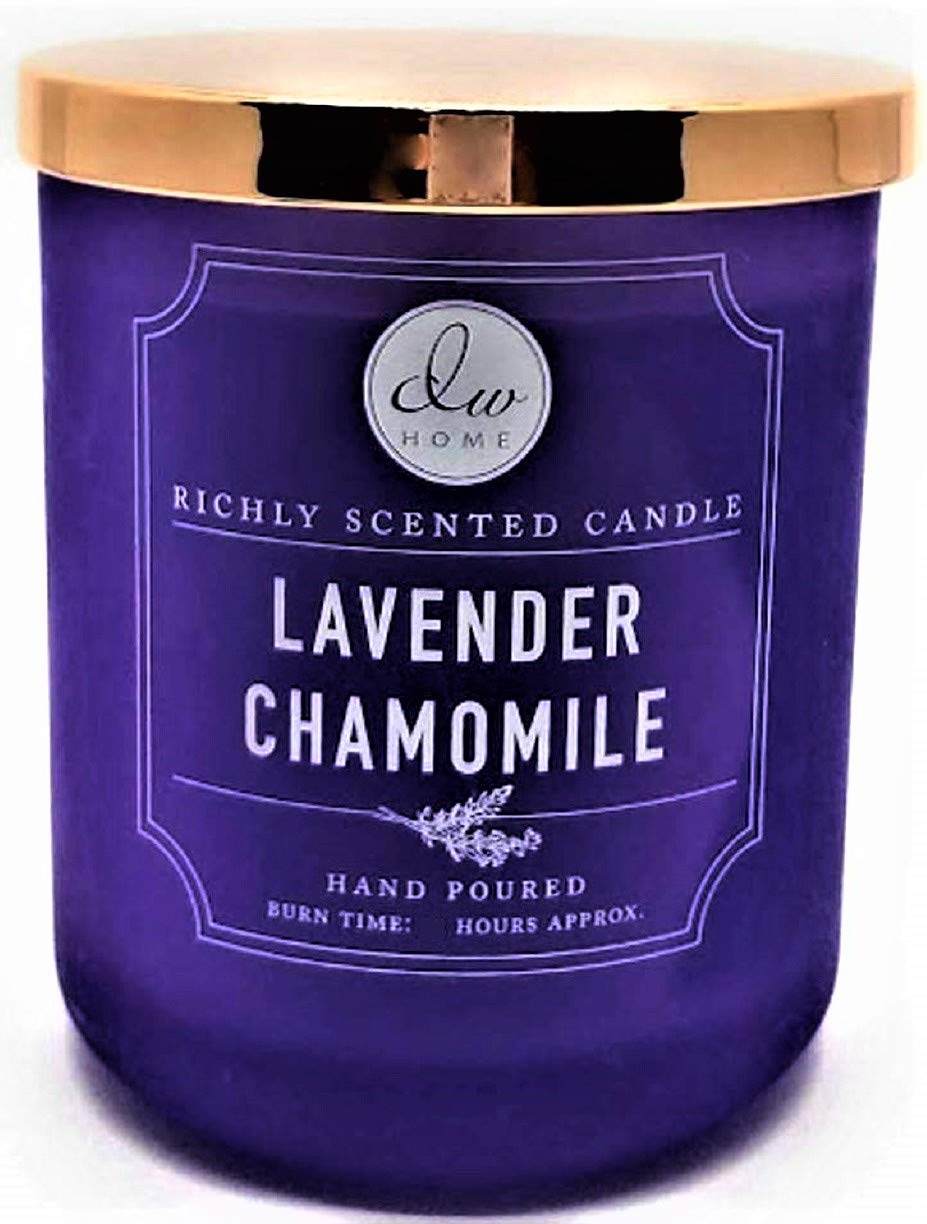DW Home lavender chamomile candle in the large purple tumbler with lid, creates calm ambiance.