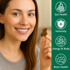 DYDUON Greens Gummies close-up texture—soft gummy texture with vibrant greens.