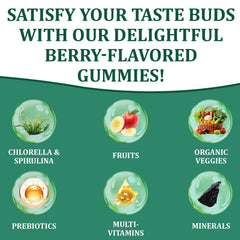 DYDUON Greens Gummies green ingredients—organic chlorella and spirulina for greens.