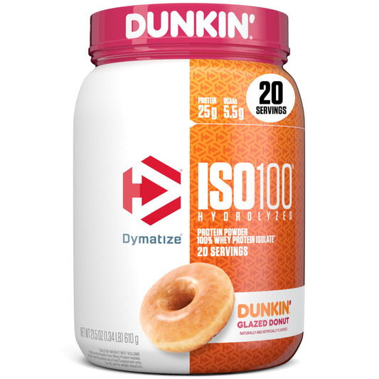 Dymatize ISO100 Dunkin Glazed Donut bottle shows high-protein fuel for recovery after workouts.