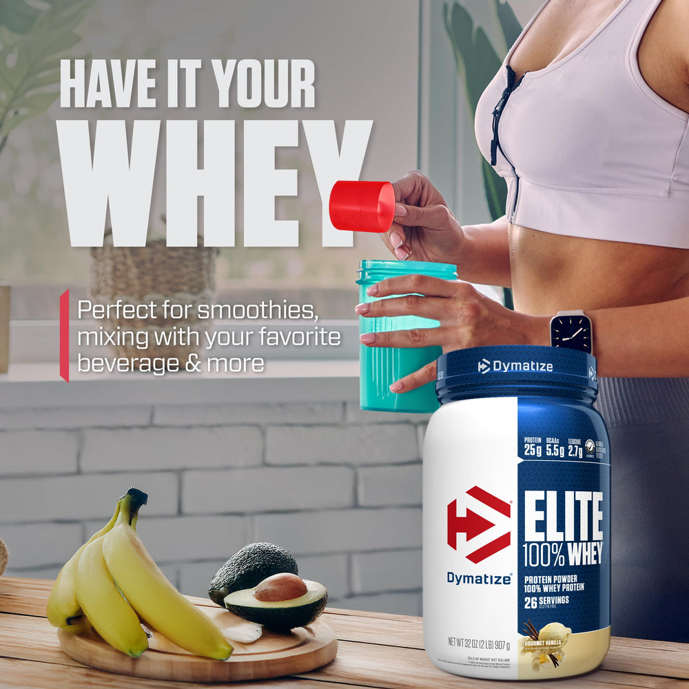 Dymatize Elite on the go bottle imagery suggests convenient protein.