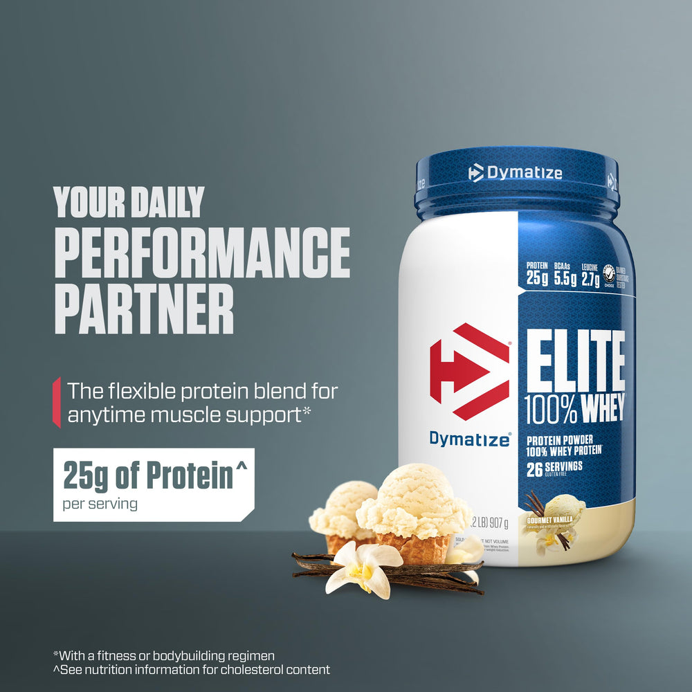 Dymatize Elite 100% Whey protein scoop close-up for quick pre-workout mix.