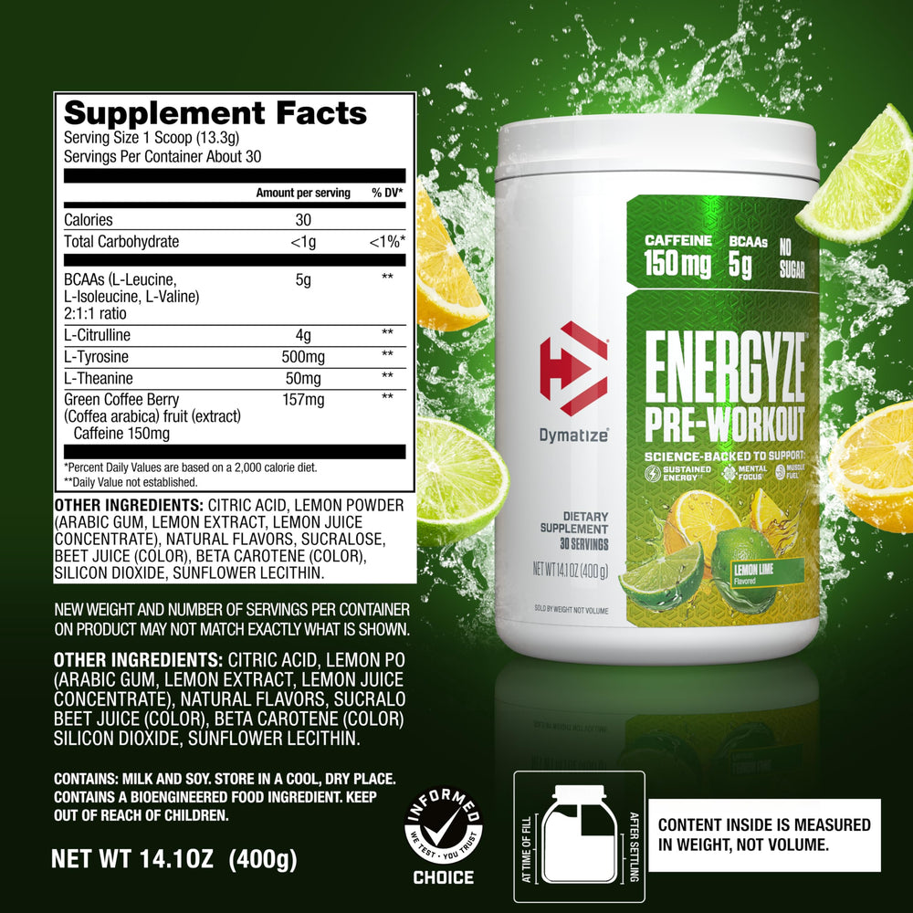 Dymatize Energyze glass with water ready for a refreshing pre-workout mix.