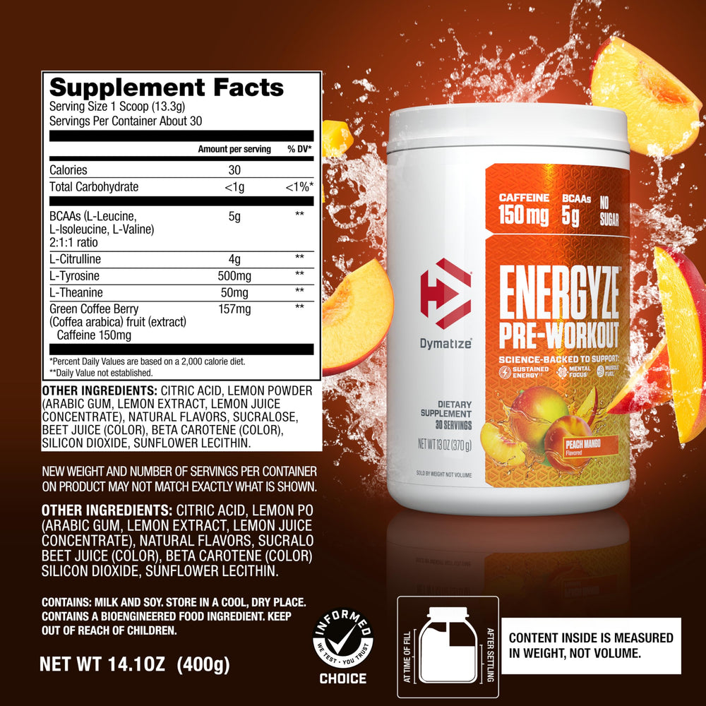 Dymatize Energyze blend image highlights no sugar and balanced focus.