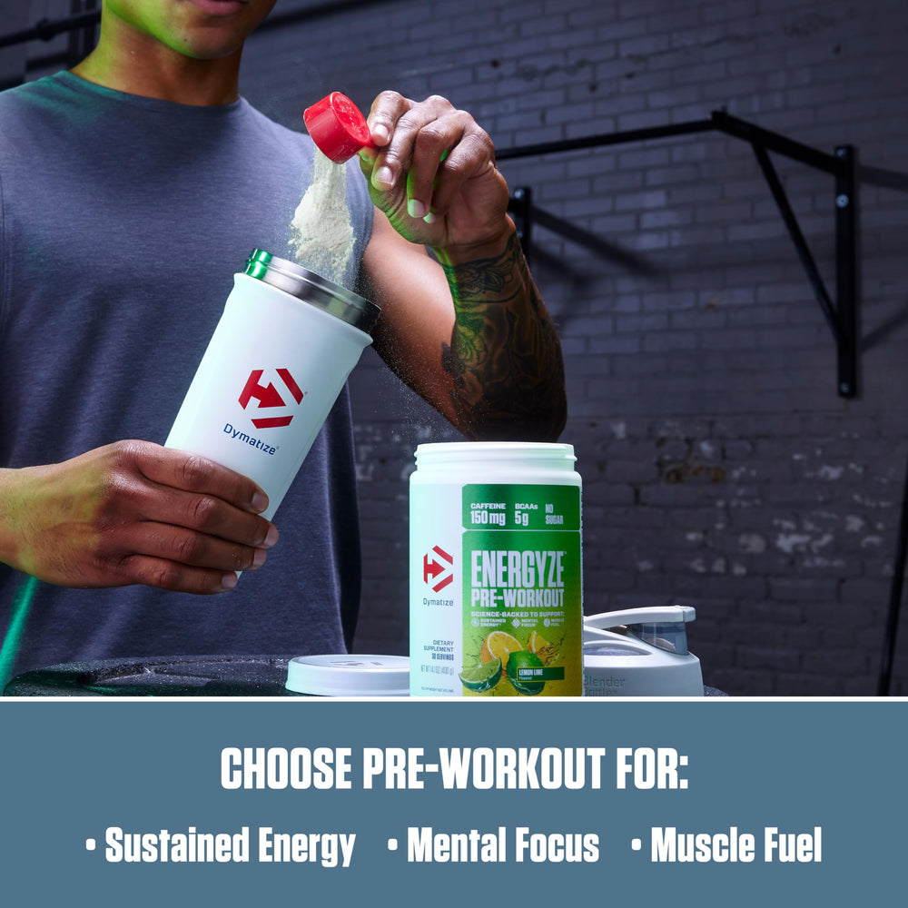 Dymatize Energyze ingredients panel highlights caffeine and BCAAs for performance support.