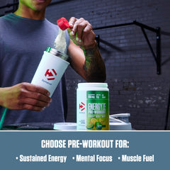 Dymatize Energyze ingredients panel highlights caffeine and BCAAs for performance support.