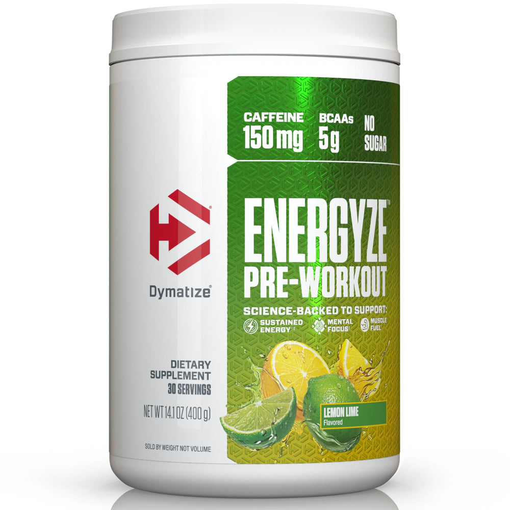Dymatize Energyze Lemon Lime tub boosts pre-workout energy and focus.