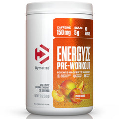 Dymatize Energyze Peach Mango canister highlighting caffeine and BCAA blend.