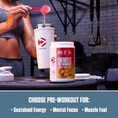 Energyze preworkout bottle with glass suggests quick mix before training.